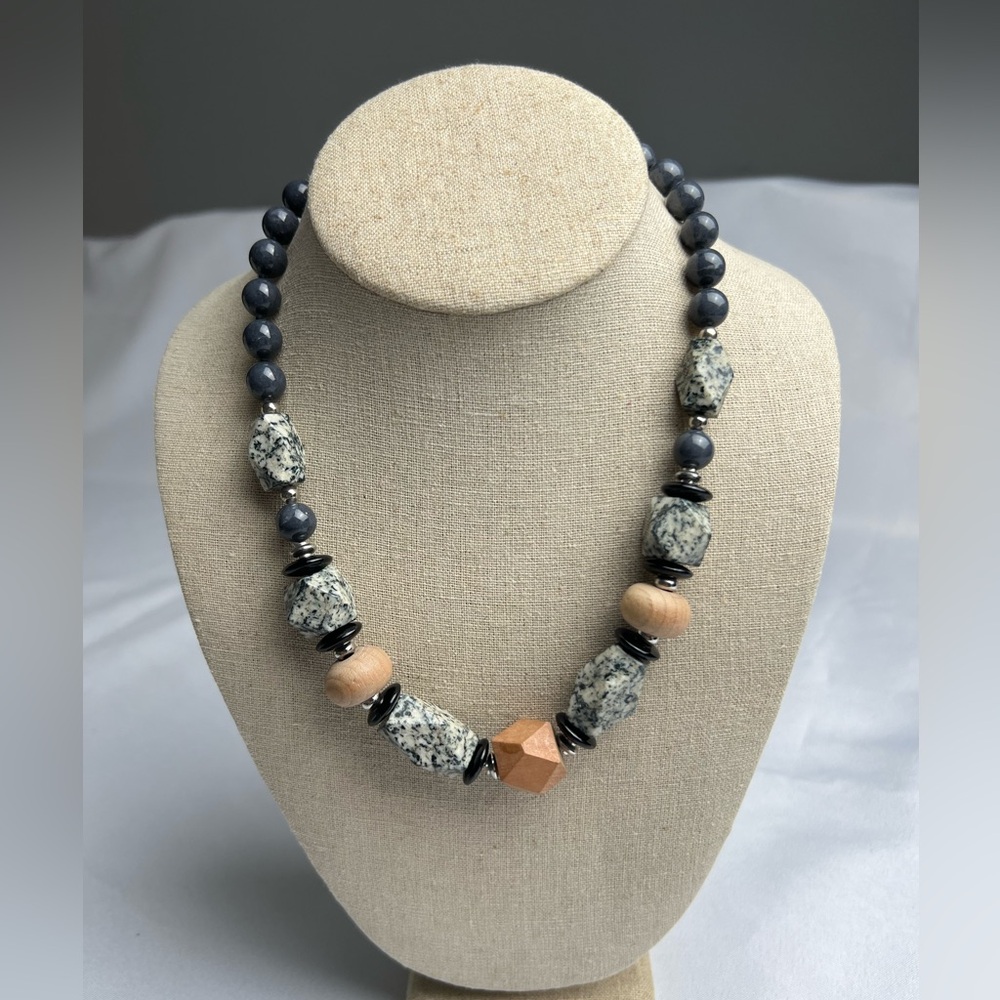 Stone & Wood Beaded Black Gray Brown Silver Chunky Fashion Necklace